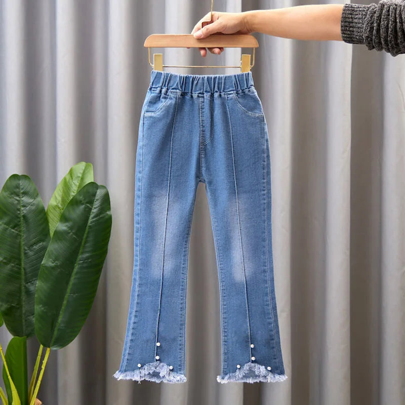 2024 New Autumn Elastic Kids Jeans Girls Cute Leisure Bow Denim Blue Children Flared Pants teenage Girl Clothes Trousers 3-12Y Leedoar