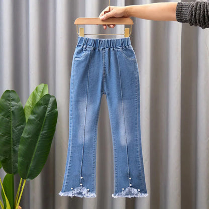 2024 New Autumn Elastic Kids Jeans Girls Cute Leisure Bow Denim Blue Children Flared Pants teenage Girl Clothes Trousers 3-12Y Leedoar