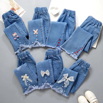 2024 New Autumn Elastic Kids Jeans Girls Cute Leisure Bow Denim Blue Children Flared Pants teenage Girl Clothes Trousers 3-12Y Leedoar