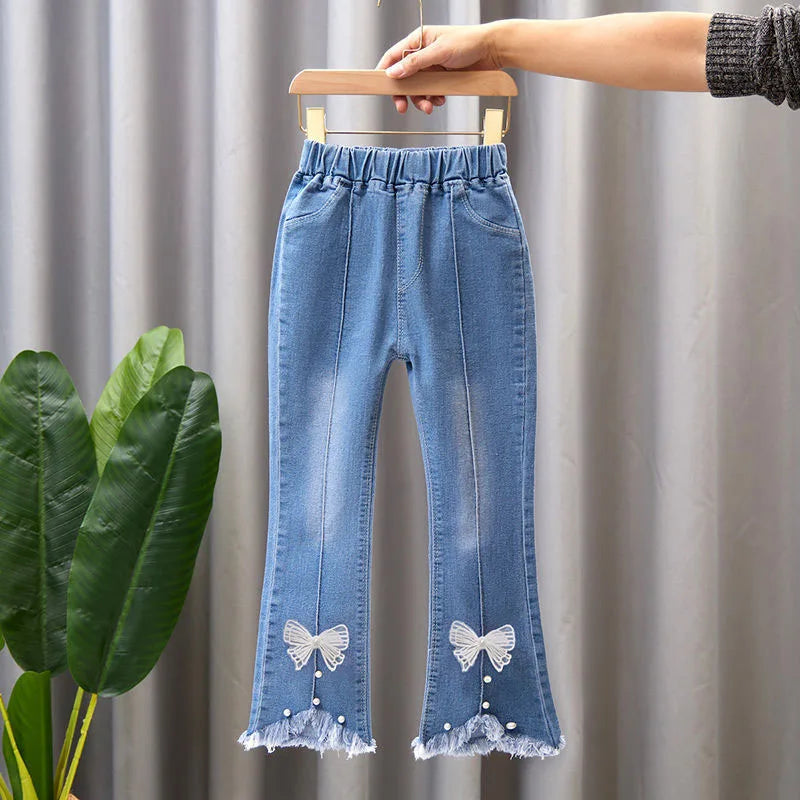 2024 New Autumn Elastic Kids Jeans Girls Cute Leisure Bow Denim Blue Children Flared Pants teenage Girl Clothes Trousers 3-12Y Leedoar