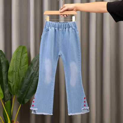 2024 New Autumn Elastic Kids Jeans Girls Cute Leisure Bow Denim Blue Children Flared Pants teenage Girl Clothes Trousers 3-12Y Leedoar