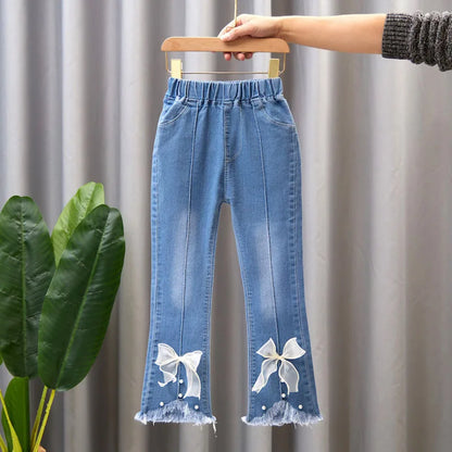 2024 New Autumn Elastic Kids Jeans Girls Cute Leisure Bow Denim Blue Children Flared Pants teenage Girl Clothes Trousers 3-12Y Leedoar