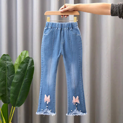 2024 New Autumn Elastic Kids Jeans Girls Cute Leisure Bow Denim Blue Children Flared Pants teenage Girl Clothes Trousers 3-12Y Leedoar