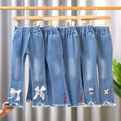 2024 New Autumn Elastic Kids Jeans Girls Cute Leisure Bow Denim Blue Children Flared Pants teenage Girl Clothes Trousers 3-12Y Leedoar