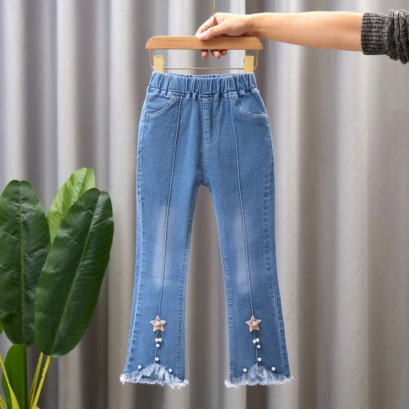 2024 New Autumn Elastic Kids Jeans Girls Cute Leisure Bow Denim Blue Children Flared Pants teenage Girl Clothes Trousers 3-12Y Leedoar