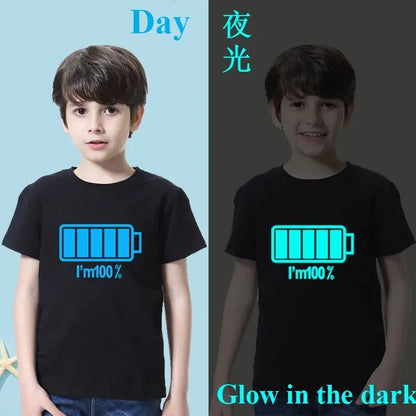 2024 New Boys Luminous Battery T Shirts Summer Short Sleeve Children's Clothes Kids Glow In Dark Tees Leedoar