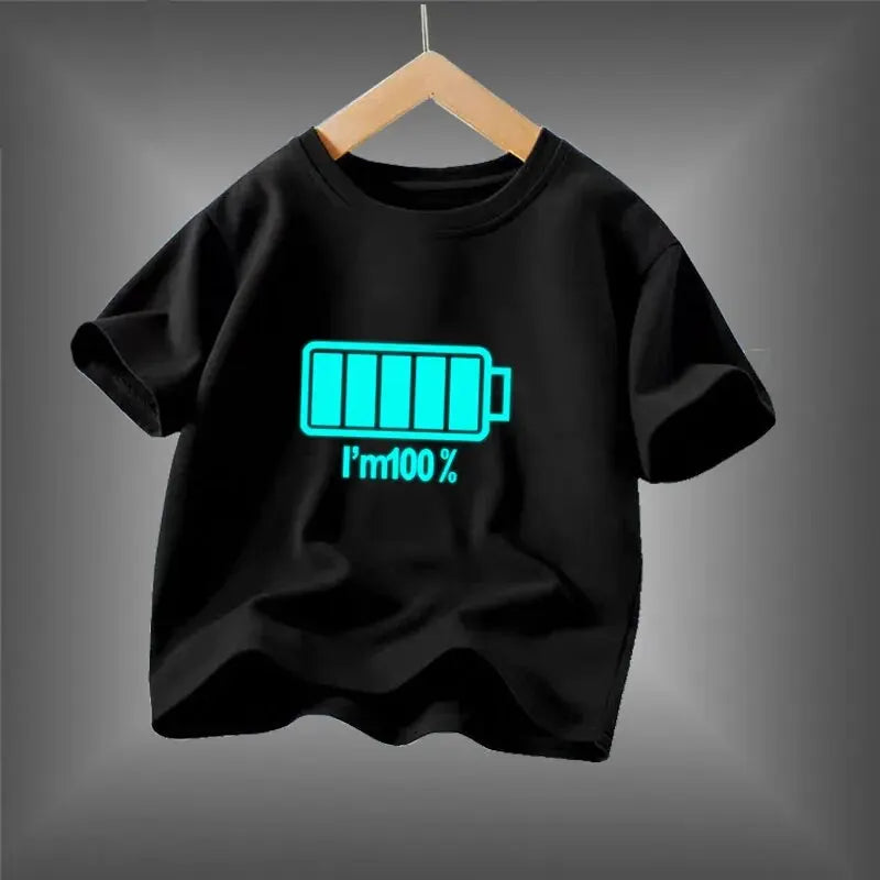 2024 New Boys Luminous Battery T Shirts Summer Short Sleeve Children's Clothes Kids Glow In Dark Tees Leedoar