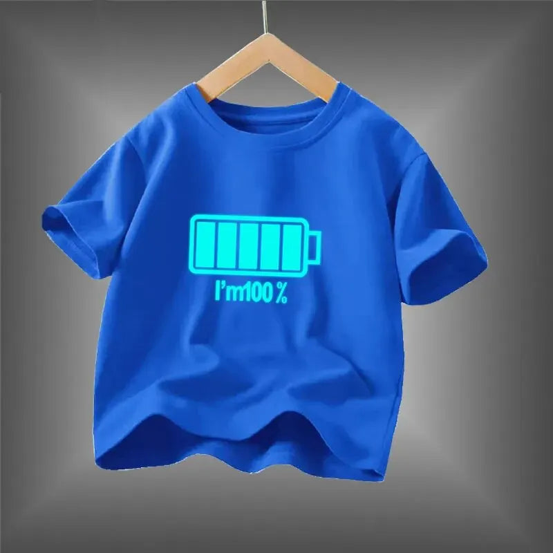 2024 New Boys Luminous Battery T Shirts Summer Short Sleeve Children's Clothes Kids Glow In Dark Tees Leedoar