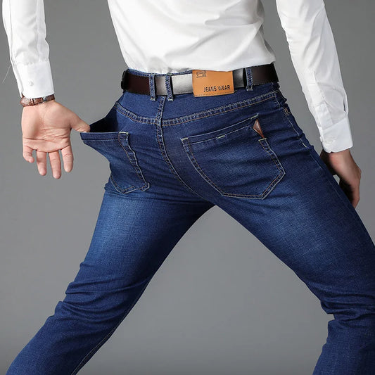 2024 nuevos pantalones vaqueros de negocios para hombre, casuales, rectos, elásticos, de moda, clásicos, azules y negros, pantalones de mezclilla de trabajo, ropa de marca para hombre 