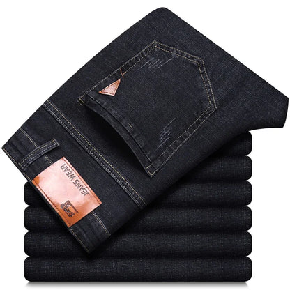 2024 Novos negócios jeans masculinos casuais retos elásticos moda clássico azul preto trabalho denim calças masculinas roupas de marca 