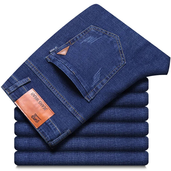 2024 Novos negócios jeans masculinos casuais retos elásticos moda clássico azul preto trabalho denim calças masculinas roupas de marca 