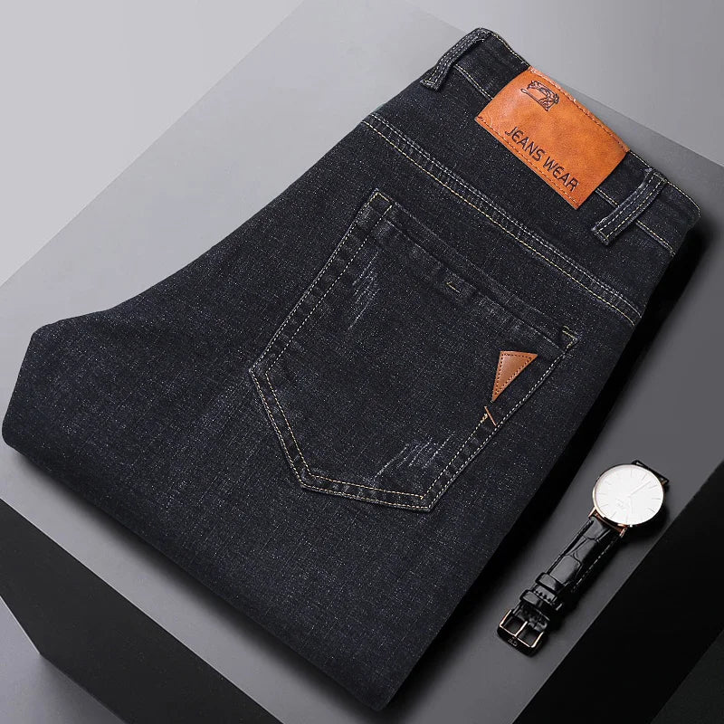 2024 Novos negócios jeans masculinos casuais retos elásticos moda clássico azul preto trabalho denim calças masculinas roupas de marca 