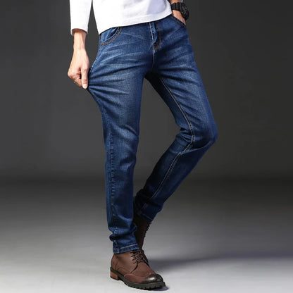 2024 Novos negócios jeans masculinos casuais retos elásticos moda clássico azul preto trabalho denim calças masculinas roupas de marca 