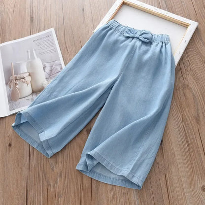 2024 New Fashion Children Wide Leg Pants Summer Casual Thin Chiffon Cropped Trousers For Teenager Girls Clothes 2 4 6 8 10 Years Leedoar