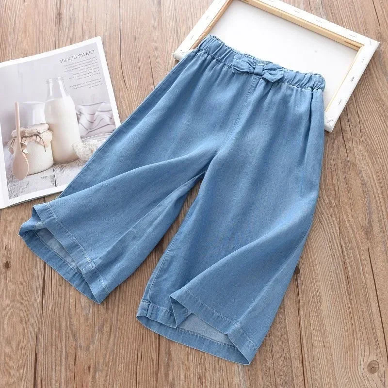 2024 New Fashion Children Wide Leg Pants Summer Casual Thin Chiffon Cropped Trousers For Teenager Girls Clothes 2 4 6 8 10 Years Leedoar