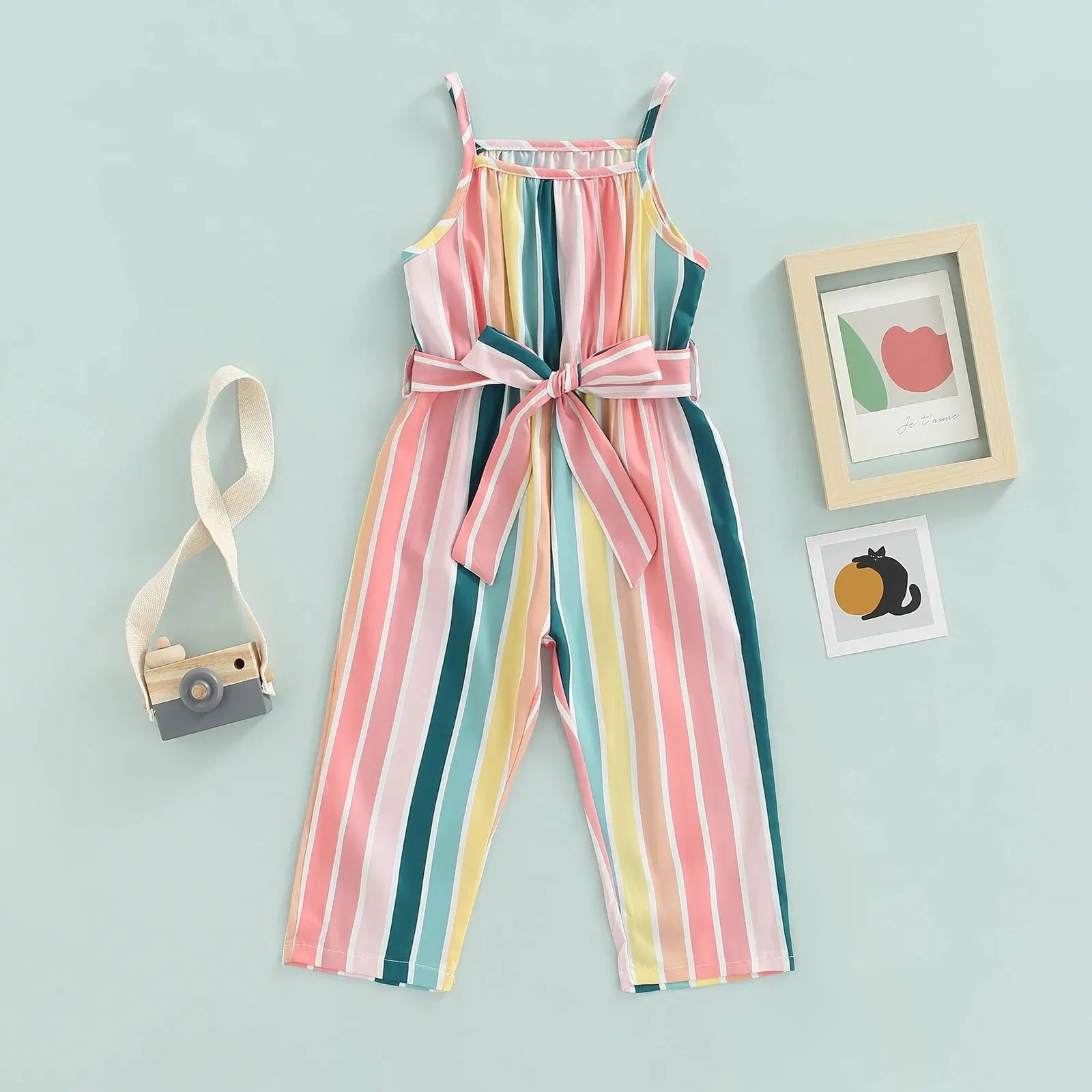 2024 New Kids Girls Stripe Romper Jumpsuits Baby Clothes Sleeveless Belted Long Pants Overalls Baby Clothing Summer Fall Leedoar