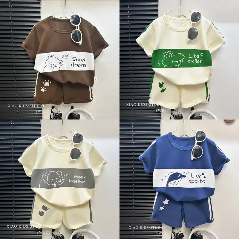 2024 New Kids Short Sleeve Suit Striped Girls Boys Set Summer Tops +short Baby Clothes Children's Wear Leedoar