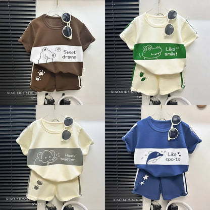 2024 New Kids Short Sleeve Suit Striped Girls Boys Set Summer Tops +short Baby Clothes Children's Wear Leedoar