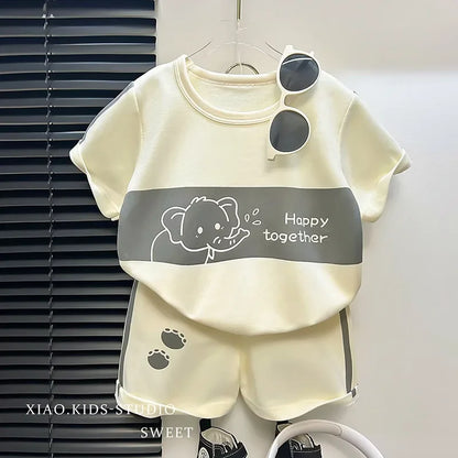 2024 New Kids Short Sleeve Suit Striped Girls Boys Set Summer Tops +short Baby Clothes Children's Wear Leedoar