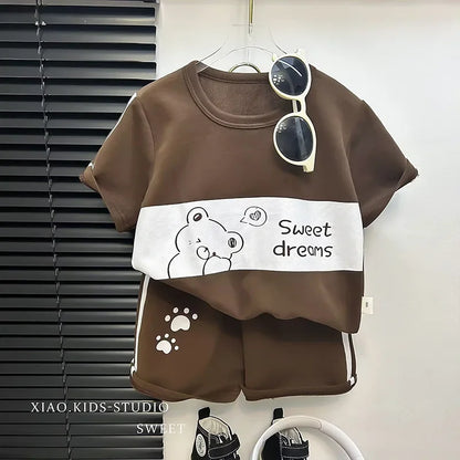 2024 New Kids Short Sleeve Suit Striped Girls Boys Set Summer Tops +short Baby Clothes Children's Wear Leedoar