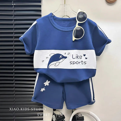 2024 New Kids Short Sleeve Suit Striped Girls Boys Set Summer Tops +short Baby Clothes Children's Wear Leedoar