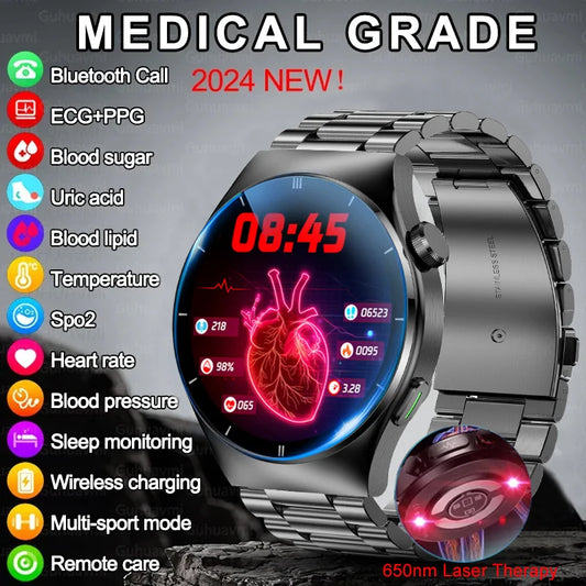 2024 New Laser Therapy Health Smart Watch Men Uric Acid Blood Sugar Watch Bluetooth Call Heart Rate Full Touch Screen Smartwatch Leedoar