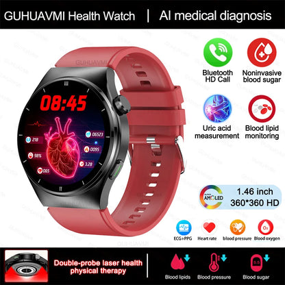 2024 New Laser Therapy Health Smart Watch Men Uric Acid Blood Sugar Watch Bluetooth Call Heart Rate Full Touch Screen Smartwatch Leedoar