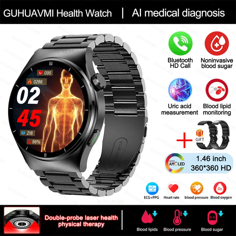 2024 New Laser Therapy Health Smart Watch Men Uric Acid Blood Sugar Watch Bluetooth Call Heart Rate Full Touch Screen Smartwatch Leedoar