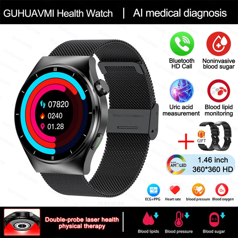 2024 New Laser Therapy Health Smart Watch Men Uric Acid Blood Sugar Watch Bluetooth Call Heart Rate Full Touch Screen Smartwatch Leedoar