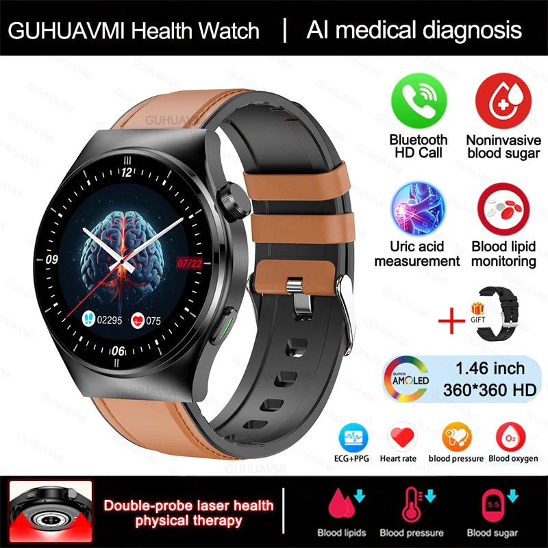 2024 New Laser Therapy Health Smart Watch Men Uric Acid Blood Sugar Watch Bluetooth Call Heart Rate Full Touch Screen Smartwatch Leedoar