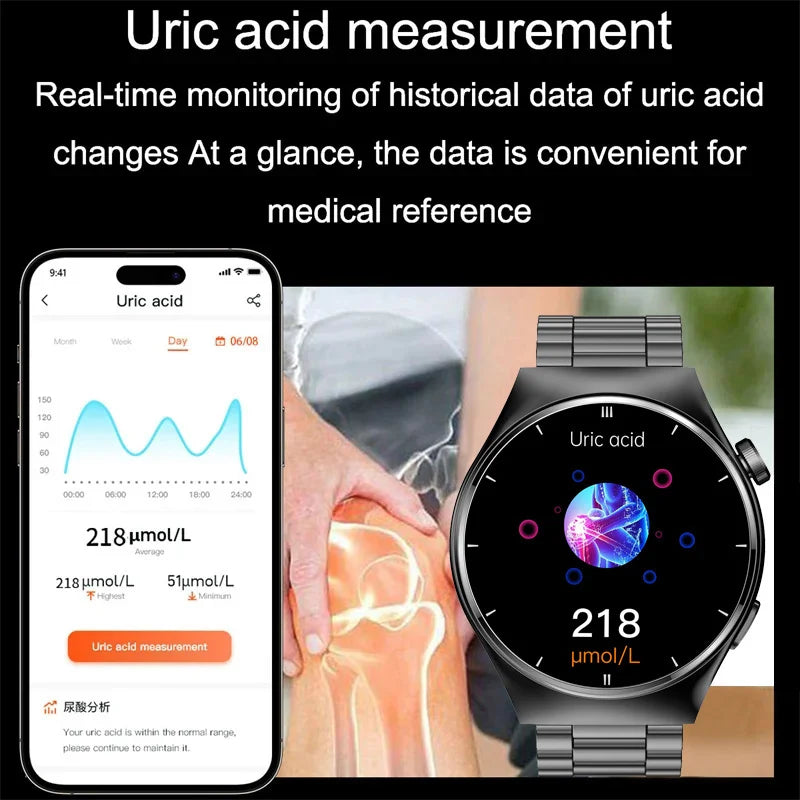 2024 New Laser Therapy Health Smart Watch Men Uric Acid Blood Sugar Watch Bluetooth Call Heart Rate Full Touch Screen Smartwatch Leedoar