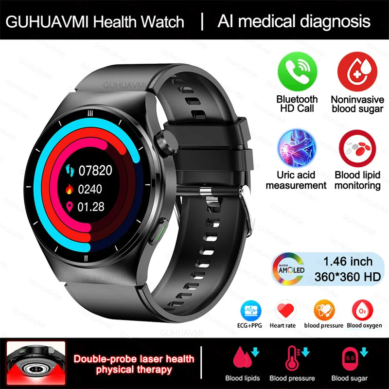 2024 New Laser Therapy Health Smart Watch Men Uric Acid Blood Sugar Watch Bluetooth Call Heart Rate Full Touch Screen Smartwatch Leedoar