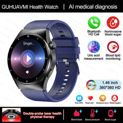 2024 New Laser Therapy Health Smart Watch Men Uric Acid Blood Sugar Watch Bluetooth Call Heart Rate Full Touch Screen Smartwatch Leedoar