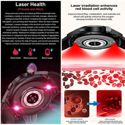 2024 New Laser Therapy Health Smart Watch Men Uric Acid Blood Sugar Watch Bluetooth Call Heart Rate Full Touch Screen Smartwatch Leedoar