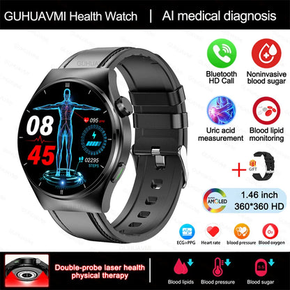 2024 New Laser Therapy Health Smart Watch Men Uric Acid Blood Sugar Watch Bluetooth Call Heart Rate Full Touch Screen Smartwatch Leedoar