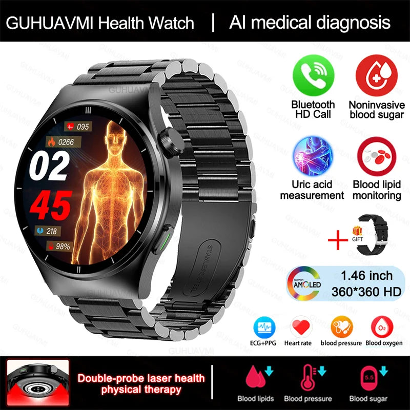 2024 New Laser Therapy Health Smart Watch Men Uric Acid Blood Sugar Watch Bluetooth Call Heart Rate Full Touch Screen Smartwatch Leedoar