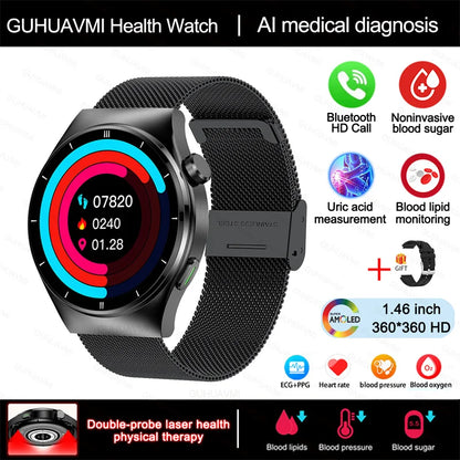 2024 New Laser Therapy Health Smart Watch Men Uric Acid Blood Sugar Watch Bluetooth Call Heart Rate Full Touch Screen Smartwatch Leedoar