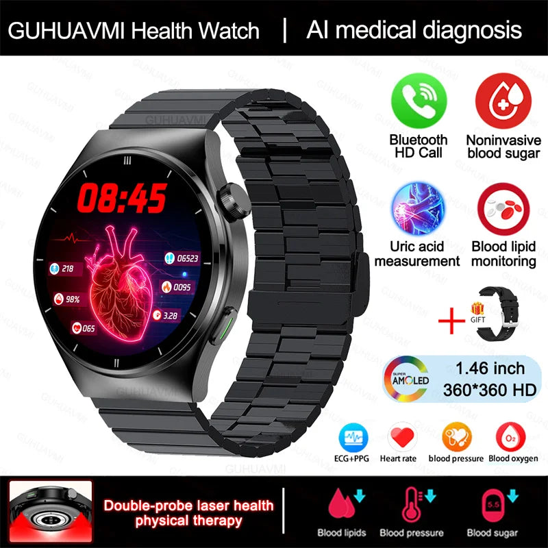 2024 New Laser Therapy Health Smart Watch Men Uric Acid Blood Sugar Watch Bluetooth Call Heart Rate Full Touch Screen Smartwatch Leedoar