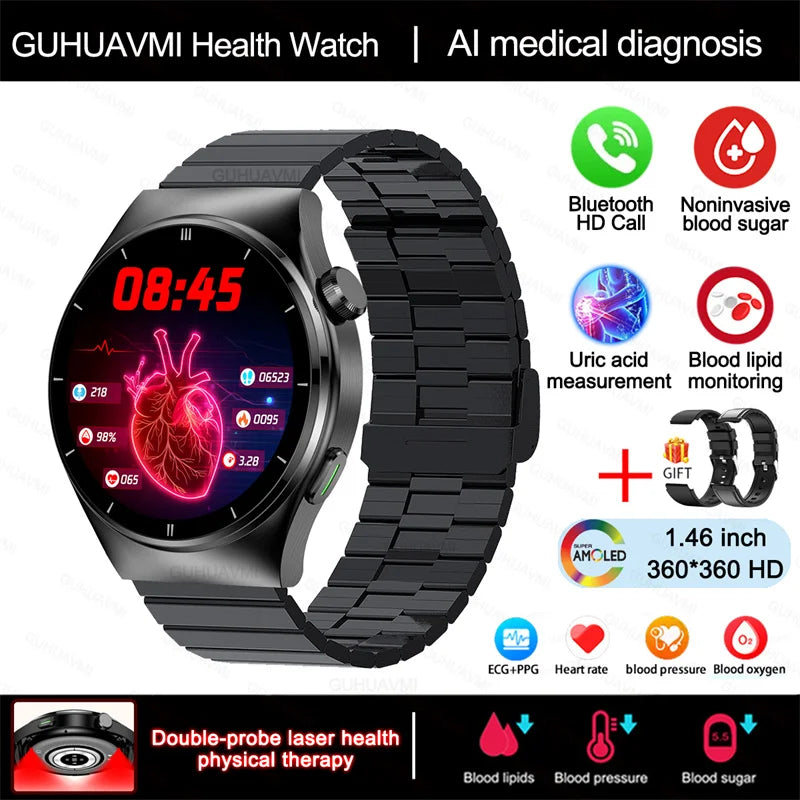 2024 New Laser Therapy Health Smart Watch Men Uric Acid Blood Sugar Watch Bluetooth Call Heart Rate Full Touch Screen Smartwatch Leedoar