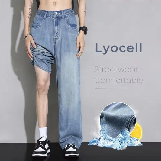 2024 Novos Jeans Lyocell Aconchegantes Homens Tecido Macio Vintage Street Denim Calças Masculinas Roupas Coreanas Calças Casuais Largas e Retas 