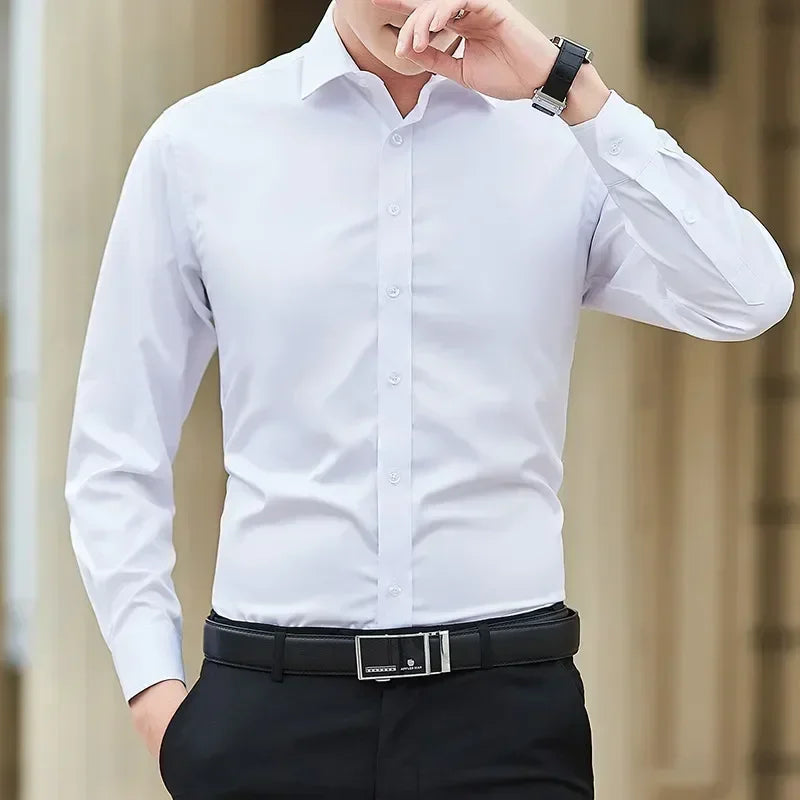 2024 New Men's White Business Shirt Fashionable Formal Wear Party Classic Basic Slim Long-sleeved Shirt Korean Style Clothes Leedoar