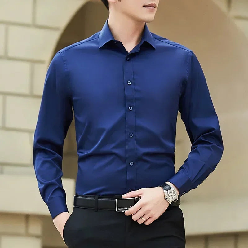 2024 New Men's White Business Shirt Fashionable Formal Wear Party Classic Basic Slim Long-sleeved Shirt Korean Style Clothes Leedoar