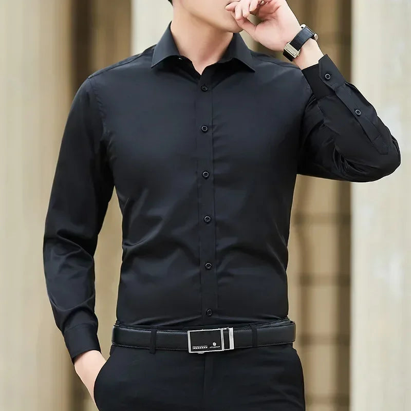 2024 New Men's White Business Shirt Fashionable Formal Wear Party Classic Basic Slim Long-sleeved Shirt Korean Style Clothes Leedoar