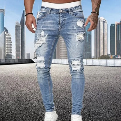 2024 Novo Retro Rasgado Lápis Pequeno Pé Jeans Skinny para Homens Motocicleta Streetwear Stretch Reto Casual Slim Jeans Masculino 