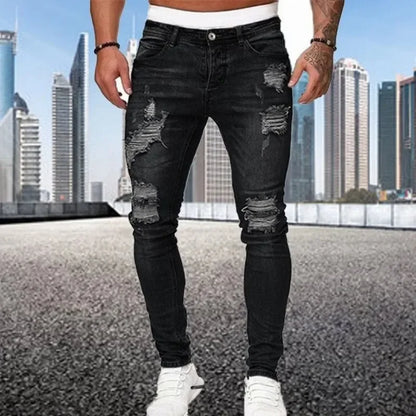 2024 Novo Retro Rasgado Lápis Pequeno Pé Jeans Skinny para Homens Motocicleta Streetwear Stretch Reto Casual Slim Jeans Masculino 