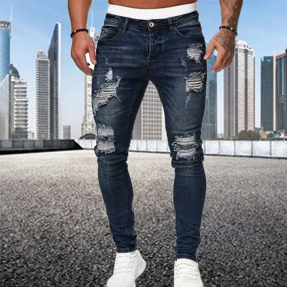 2024 New Retro Ripped Pencil Small Foot Skinny Jeans for Men Motorcycle Streetwear Stretch Straight Casual Slim Jeans Male Leedoar