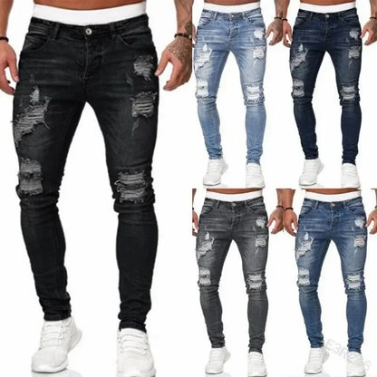 2024 Novo Retro Rasgado Lápis Pequeno Pé Jeans Skinny para Homens Motocicleta Streetwear Stretch Reto Casual Slim Jeans Masculino 