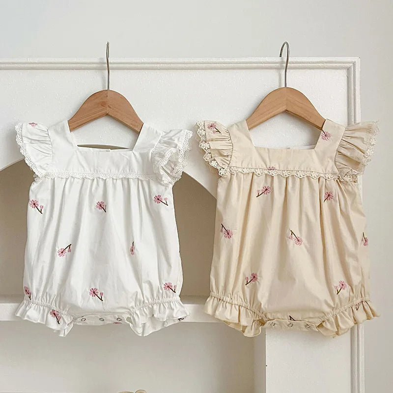 2024 New Summer Infant Baby Girl Bodysuits Flying Sleeve Cotton Embroidery Newborn Baby Girl Jumpsuit 0-24M Baby Girl Clothing Leedoar