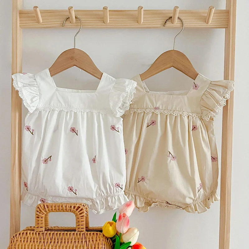 2024 New Summer Infant Baby Girl Bodysuits Flying Sleeve Cotton Embroidery Newborn Baby Girl Jumpsuit 0-24M Baby Girl Clothing Leedoar