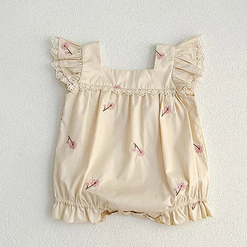 2024 New Summer Infant Baby Girl Bodysuits Flying Sleeve Cotton Embroidery Newborn Baby Girl Jumpsuit 0-24M Baby Girl Clothing Leedoar